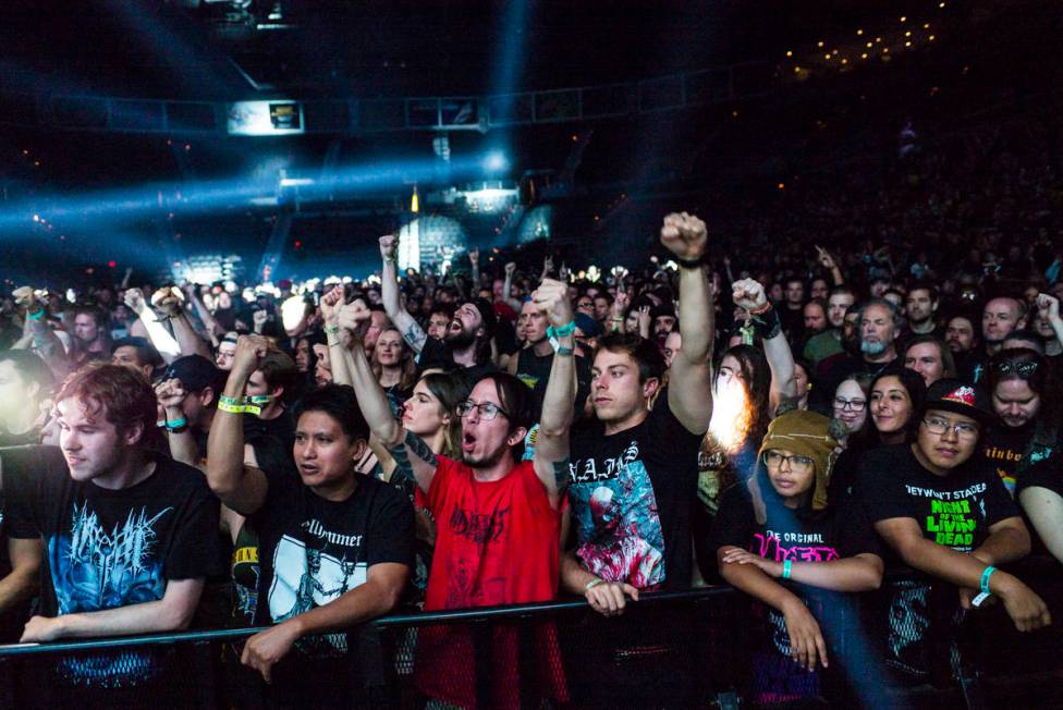 Fans cheer as Carcass performs at the Mandalay Bay Events Center during the Psycho Las Vegas mu ...