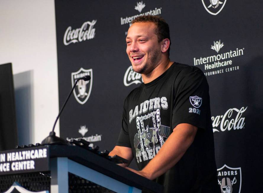 Raiders fullback Alec Ingold responds to questions from members of the media at Raiders Headqua ...