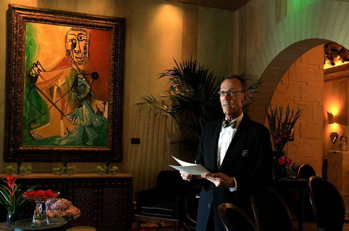 Picasso Maitre D' Ryland Worrell in the Bellagio addresses staff during a line up before servic ...