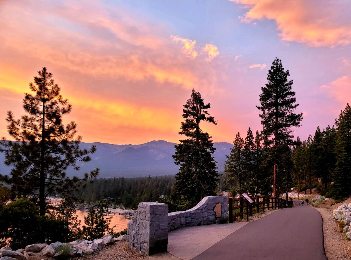 Sunset hues intensified during a July walk along the East Shore Tahoe Trail, an impressive engi ...