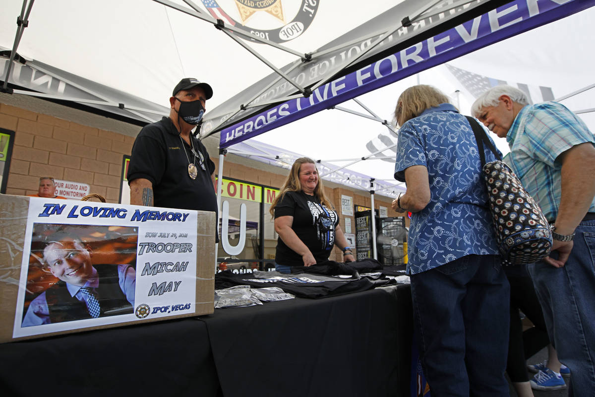 Slain Nevada Highway Patrol trooper Micah May's parents, Katherine and Edwin May from Rowe, Mas ...