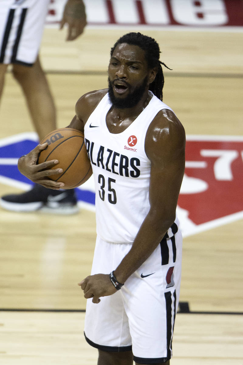 Portland Trail Blazers forward Kenneth Faried (25) reacts to a referee's call during the first ...