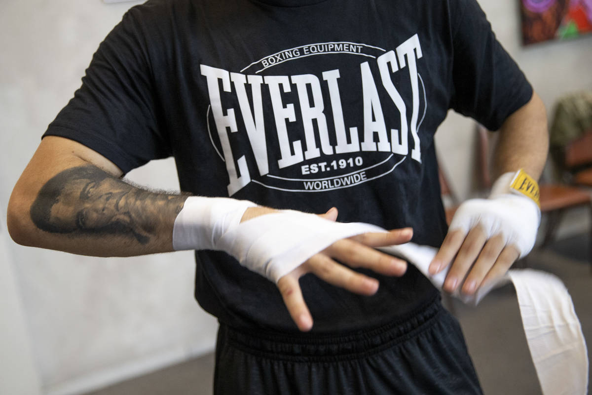 Nico Ali Walsh wraps before sparring at Top Rank Gym on Friday, July 23, 2021, in Las Vegas. Al ...