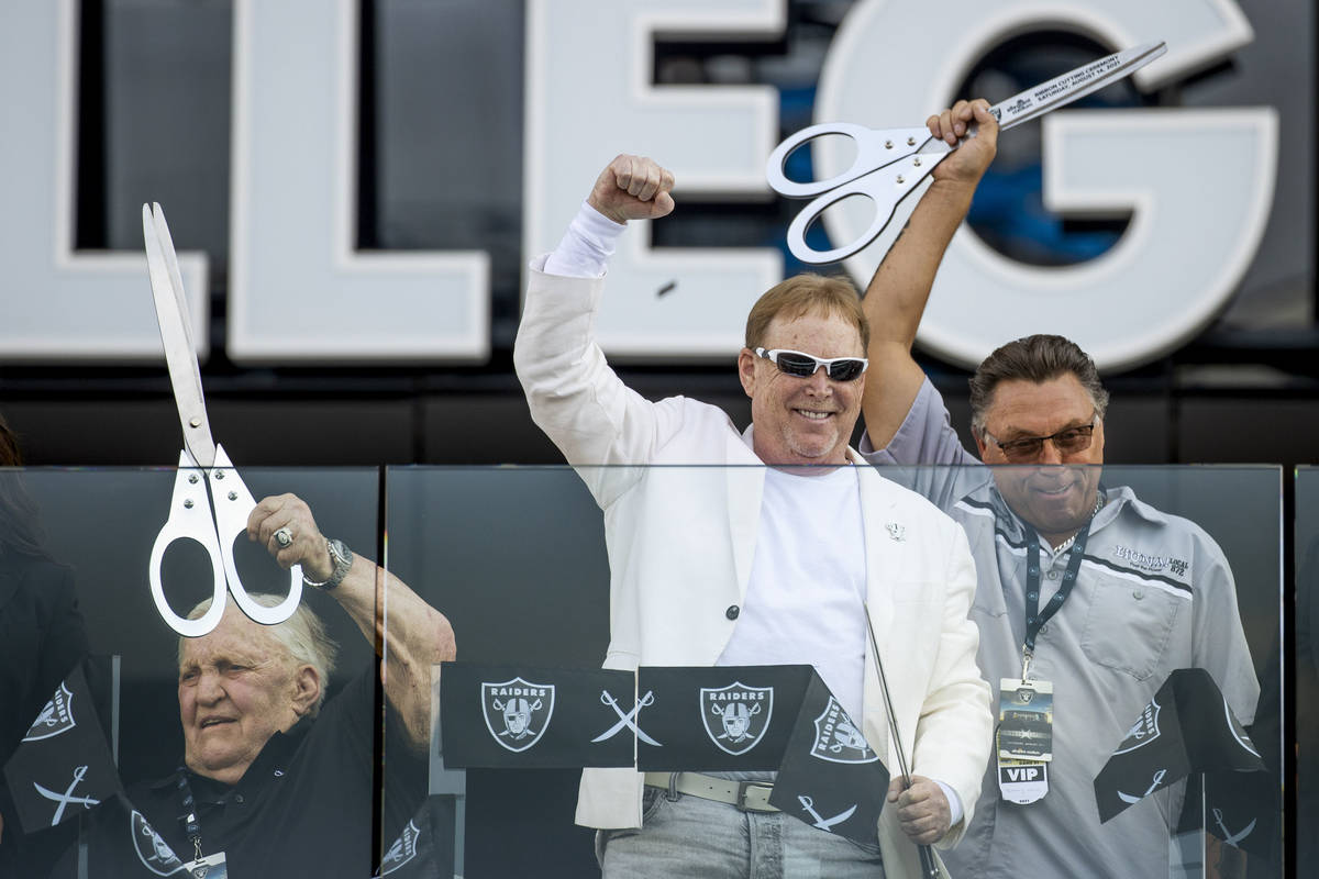 Former Raiders player Jim Otto, from left, Raiders owner Mark Davis and union leader Tommy Whit ...