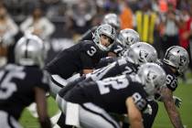 Raiders quarterback Nathan Peterman (3) runs the offense in the first quarter during an NFL pre ...