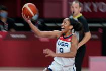 United States' A'Ja Wilson (9) drives to the basket during women's basketball gold medal game a ...