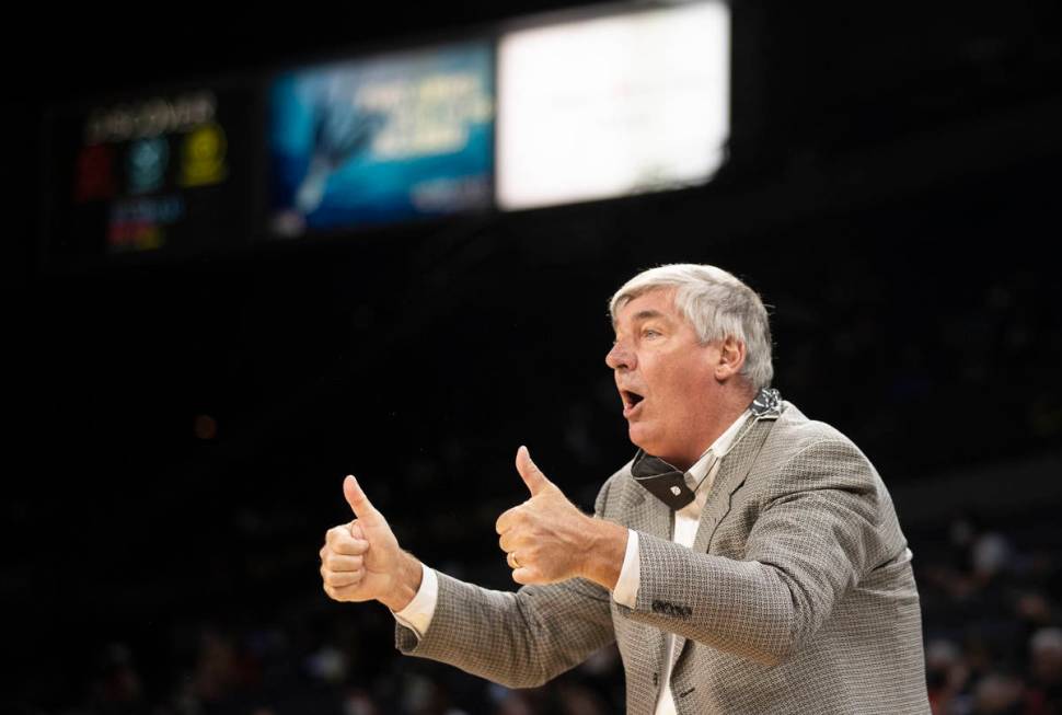 Las Vegas Aces head coach Bill Laimbeer calls a play in the second quarter during a WNBA basket ...