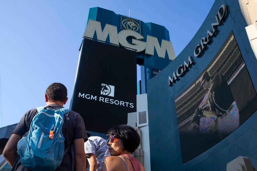 Visitors to the Las Vegas Strip pass MGM Grand on Wednesday, Aug. 4, 2021. (Ellen Schmidt/Las V ...