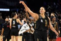 Las Vegas Aces center Liz Cambage (8) waves goodbye to Washington Mystic players after the Ace ...