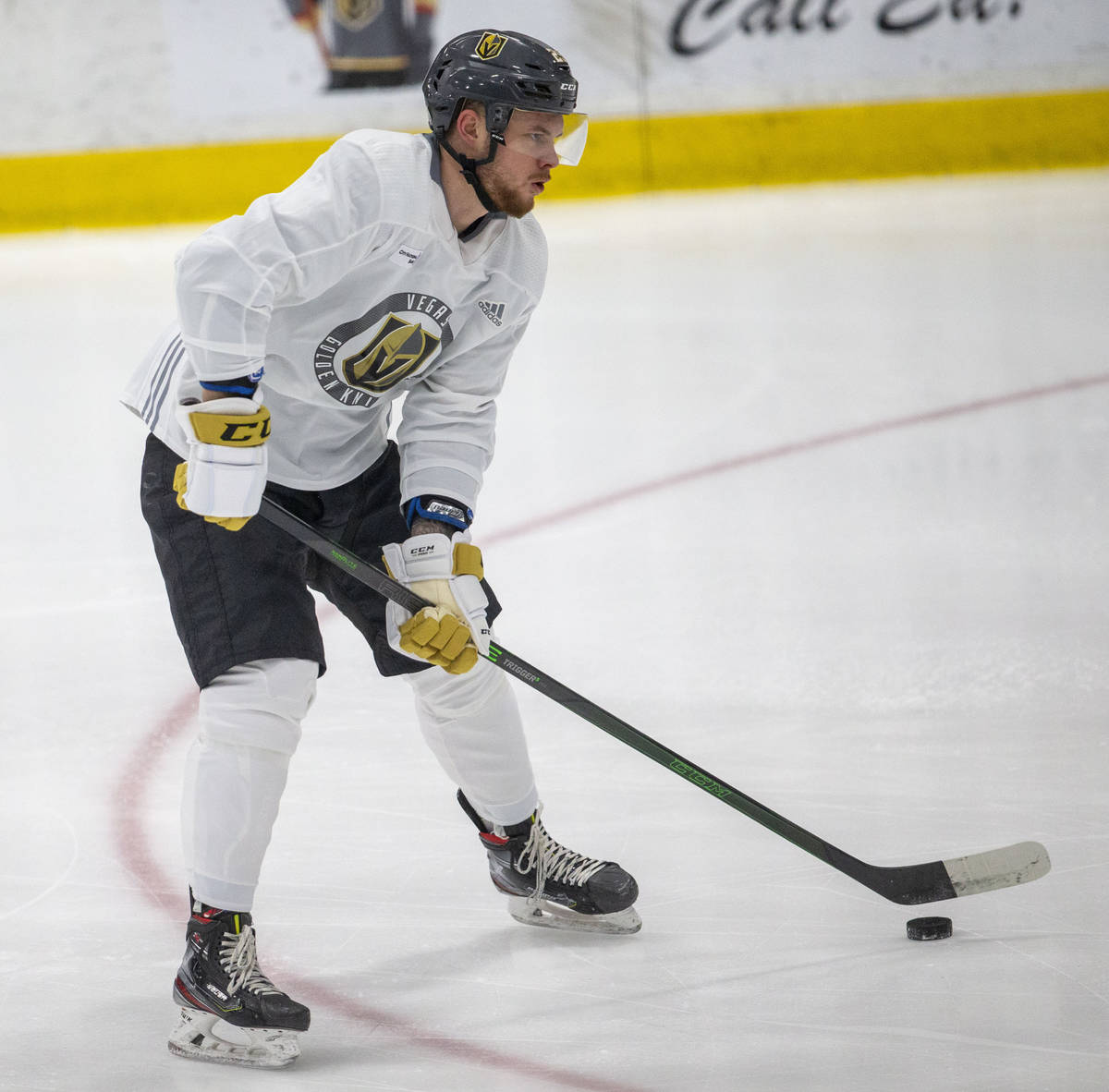 Golden Knights forward Lucas Elvenes (25) handles the puck during practice on Thursday, Jan. 7, ...