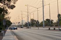 Las Vegas police investigate a fatal accident on Flamingo Road near Tenaya Way on Tuesday, Aug. ...