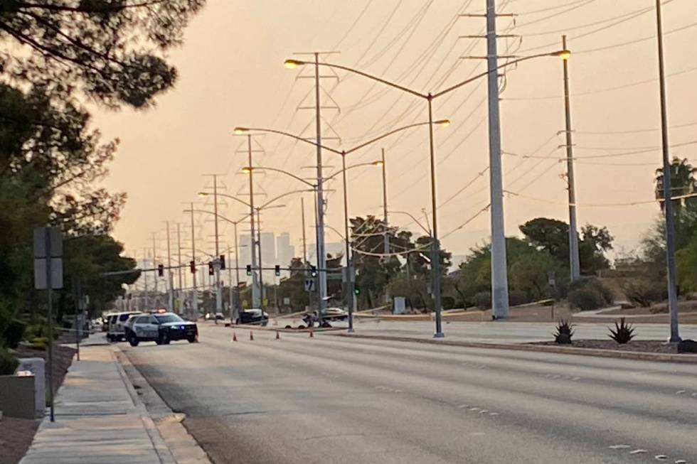 Las Vegas police investigate a fatal accident on Flamingo Road near Tenaya Way on Tuesday, Aug. ...