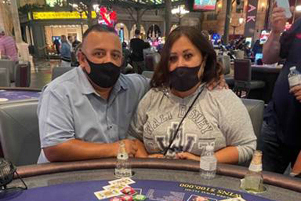 Alex Martinez and his wife pose after winning a jackpot of $109,603 at Paris Las Vegas on Frida ...