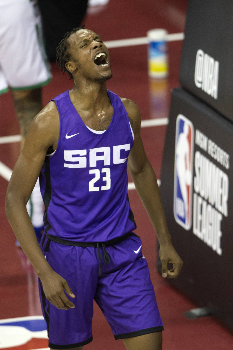 Sacramento Kings forward Louis King (23) celebrates scoring during the second half of a NBA Sum ...