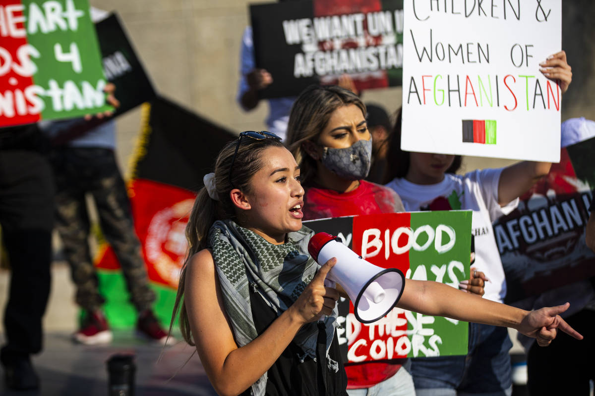 Medinah Yusufzai speaks during a protest against the Taliban and in support of Afghanistan on T ...