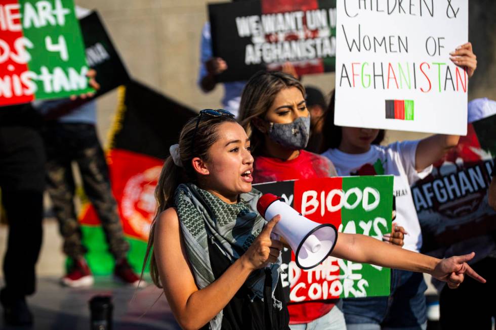 Medinah Yusufzai speaks during a protest against the Taliban and in support of Afghanistan on T ...