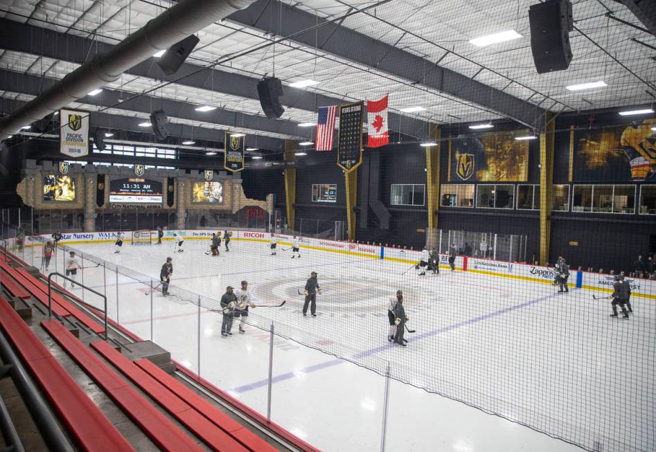 The Vegas Golden Knights skate during a practice session at City National Arena on Monday, Jan. ...