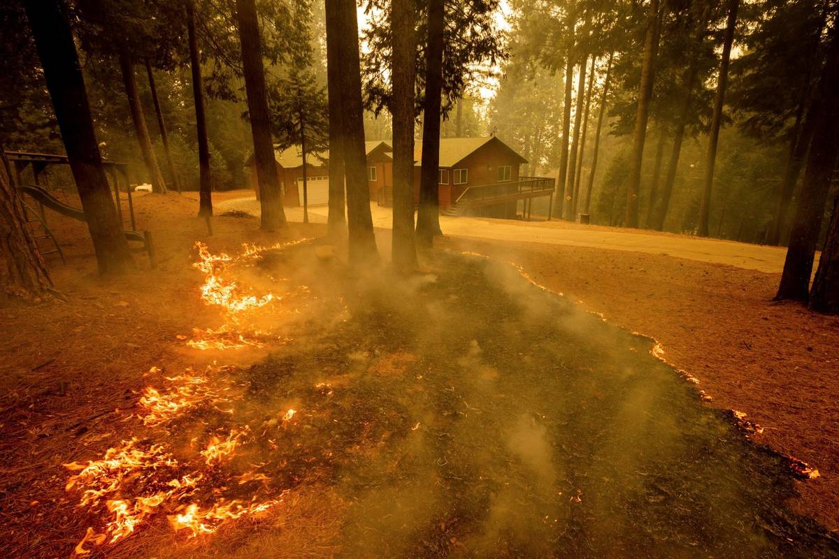 Flames from the Caldor Fire scorch the ground near a structure in Grizzly Flats, Calif., Wednes ...
