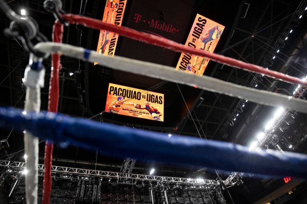 The view from the floor as crews work to set up the boxing ring at T-Mobile Arena for the upcom ...