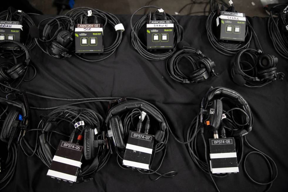 Communication headsets are seen ringside in advance of a boxing event at T-Mobile Arena in Las ...