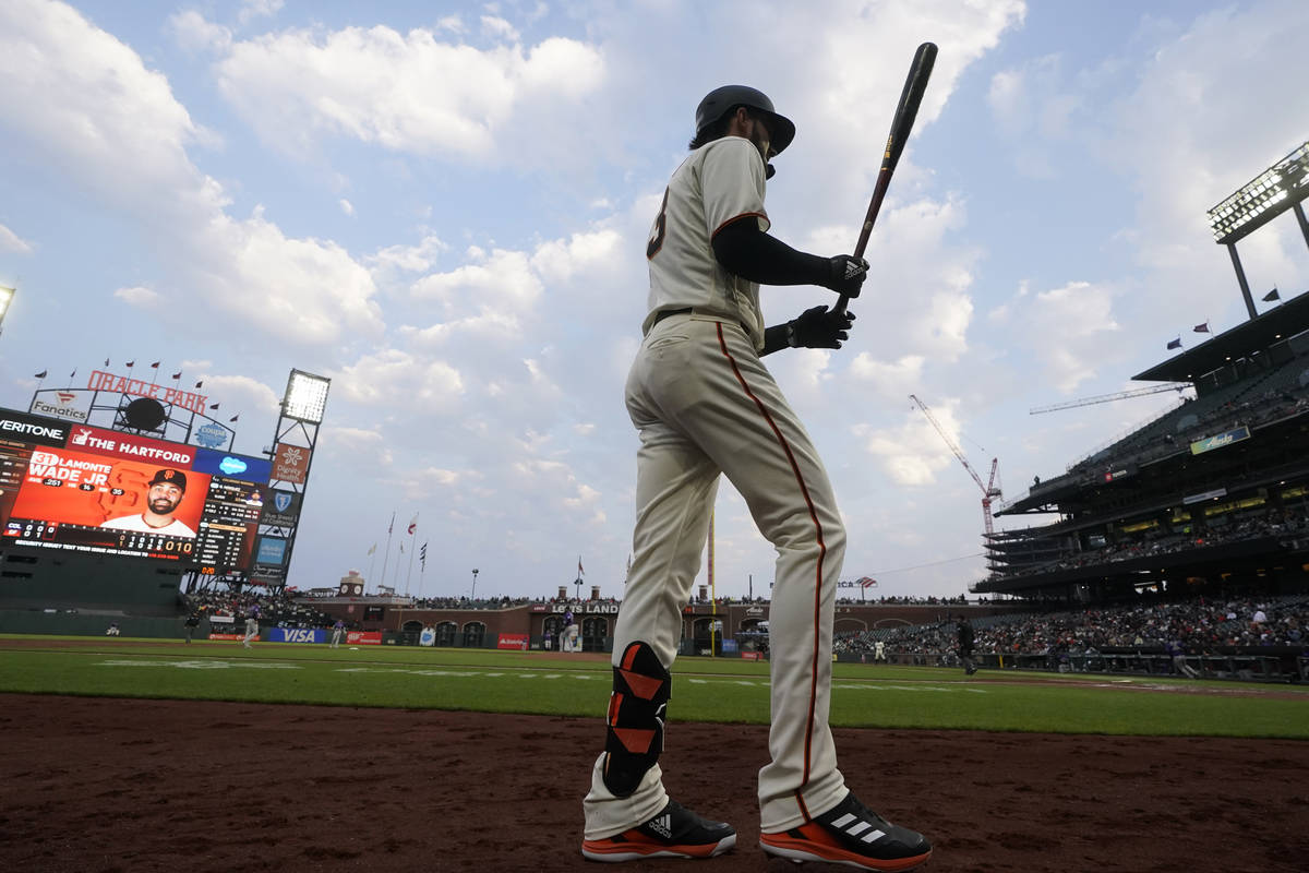 San Francisco Giants' Kris Bryant against the Colorado Rockies during a baseball game in San Fr ...