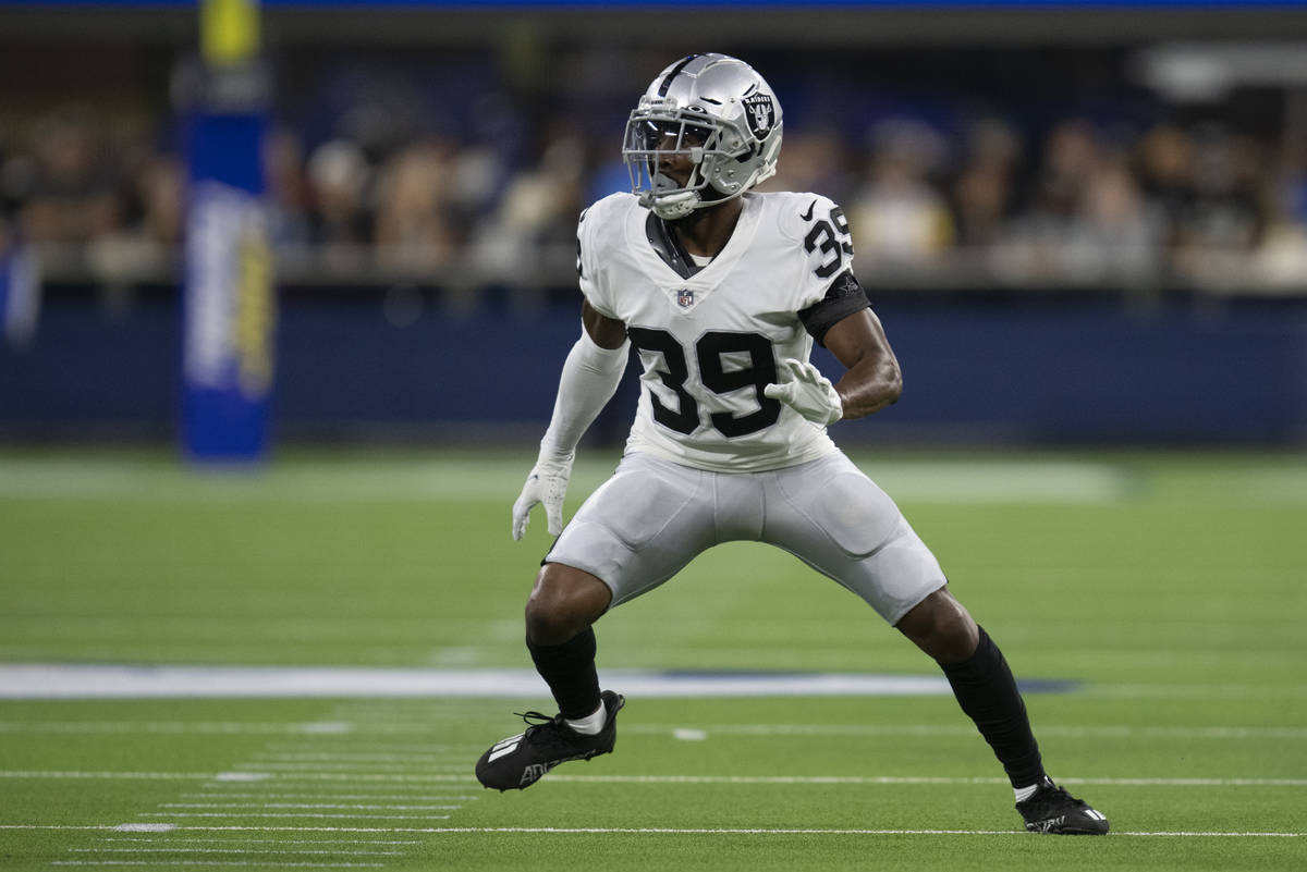 Las Vegas Raiders cornerback Nate Hobbs (39) during an NFL preseason football game against the ...