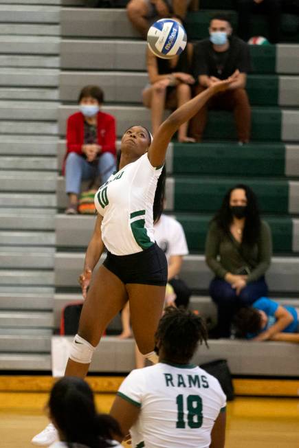Rancho's Leah Miller (10) goes for the kill during their high school volleyball game against We ...