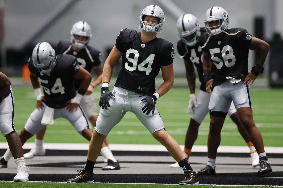 Las Vegas Raiders linebacker Max Richardson (54), defensive end Carl Nassib (94) and inside lin ...