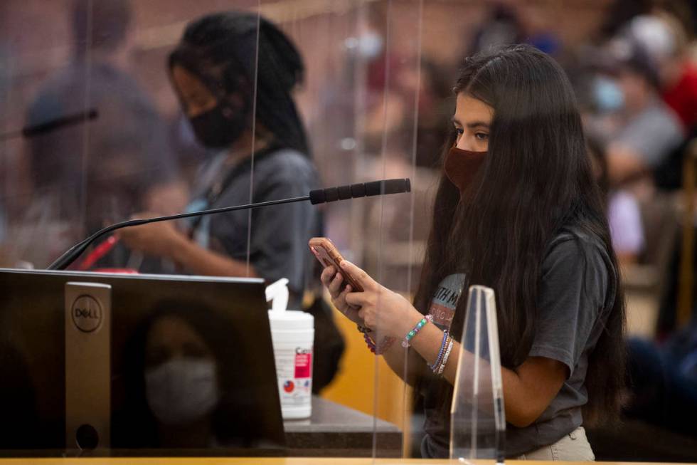 Desiree Rodriguez, student body president at Las Vegas High School, speaks during a Clark Count ...