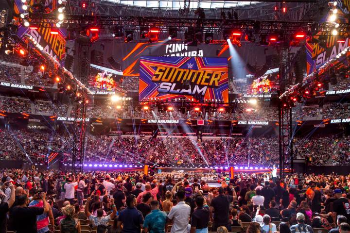 Fans celebrate as King Nakamura arrives during WWE SummerSlam 2021 at Allegiant Stadium on Satu ...