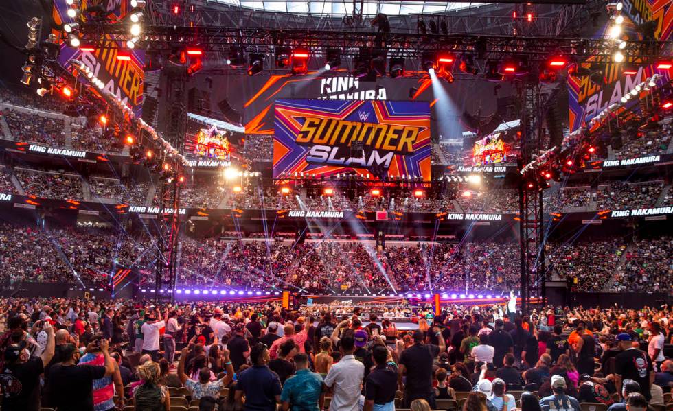 Fans celebrate as King Nakamura arrives during WWE SummerSlam 2021 at Allegiant Stadium on Satu ...