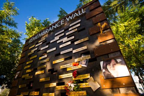 The Remembrance Wall at the Las Vegas Healing Garden in Las Vegas on Sept. 18, 2019. (Chase Ste ...