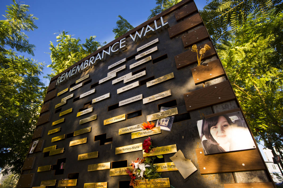The Remembrance Wall at the Las Vegas Healing Garden in Las Vegas on Sept. 18, 2019. (Chase Ste ...