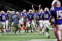 Liberty High School Anthony Jones (5) celebrates his touchdown during the first half of a footb ...