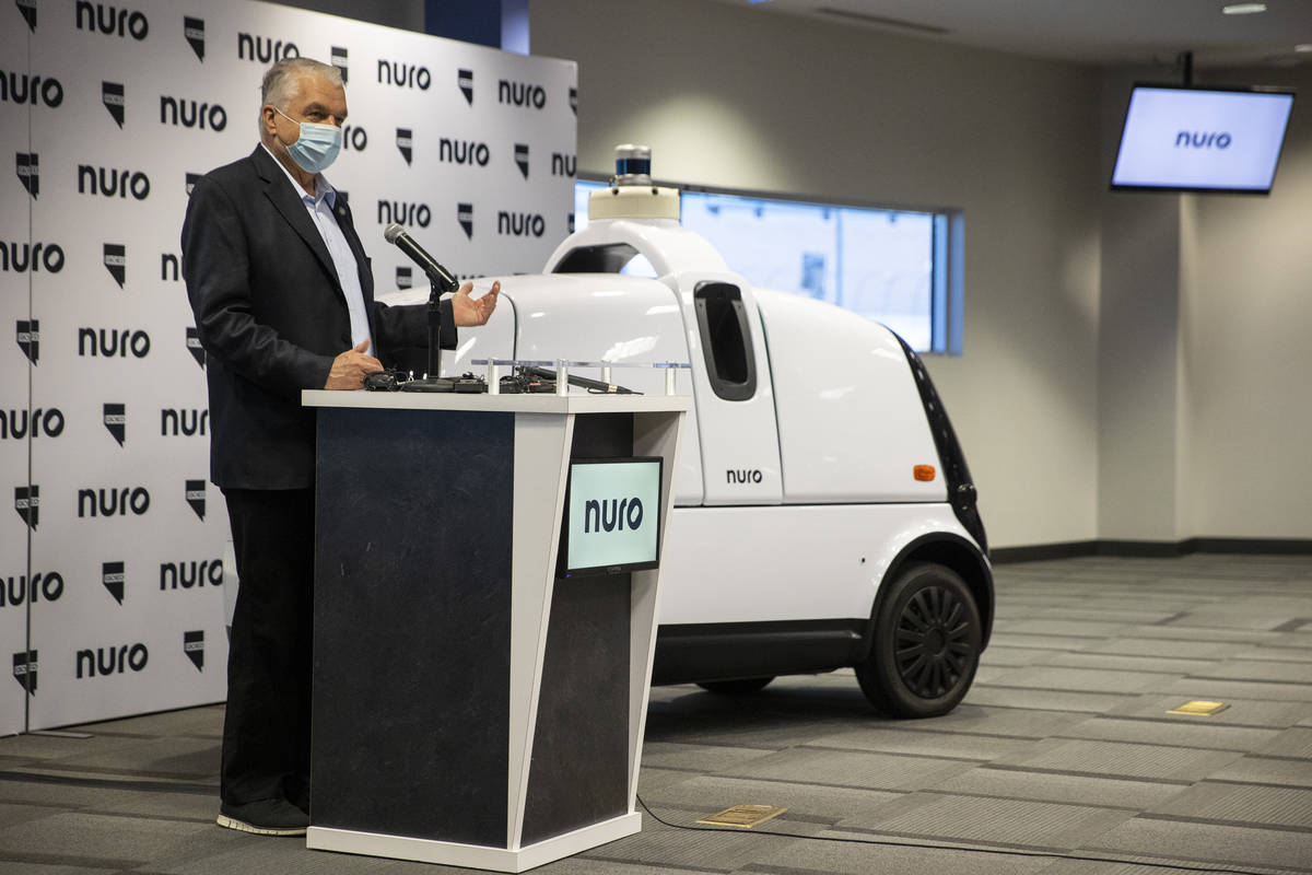 Gov. Steve Sisolak speaks during a press conference where the autonomous delivery company Nuro ...