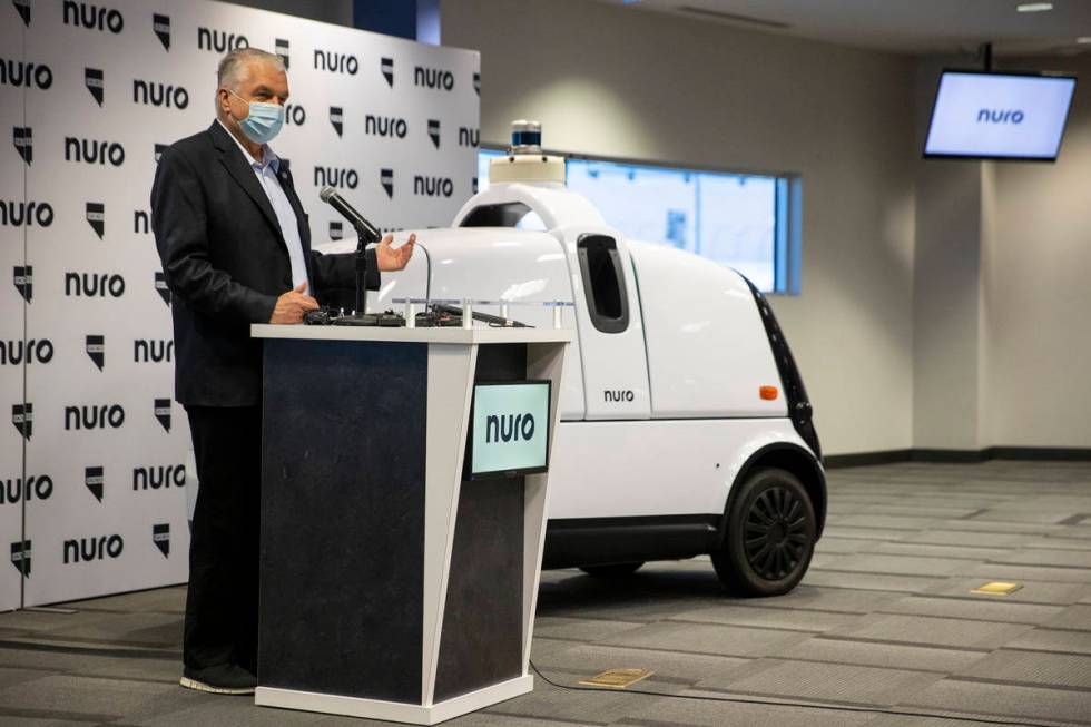Gov. Steve Sisolak speaks during a press conference where the autonomous delivery company Nuro ...