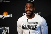 Raiders linebacker Divine Deablo responds to questions from the media at Raiders Headquarters/I ...