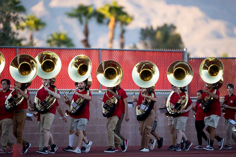 The Arbor View High School band take the field before a home football game against Faith Luther ...