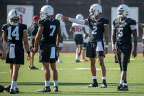 UNLV quarterbacks Jared Haywood (14), Cameron Friel (7), Doug Brumfield (2) and Justin Rog ...