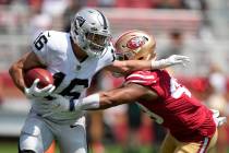 Las Vegas Raiders' Dillon Stoner (16) runs against San Francisco 49ers' Elijah Mitchell an NFL ...