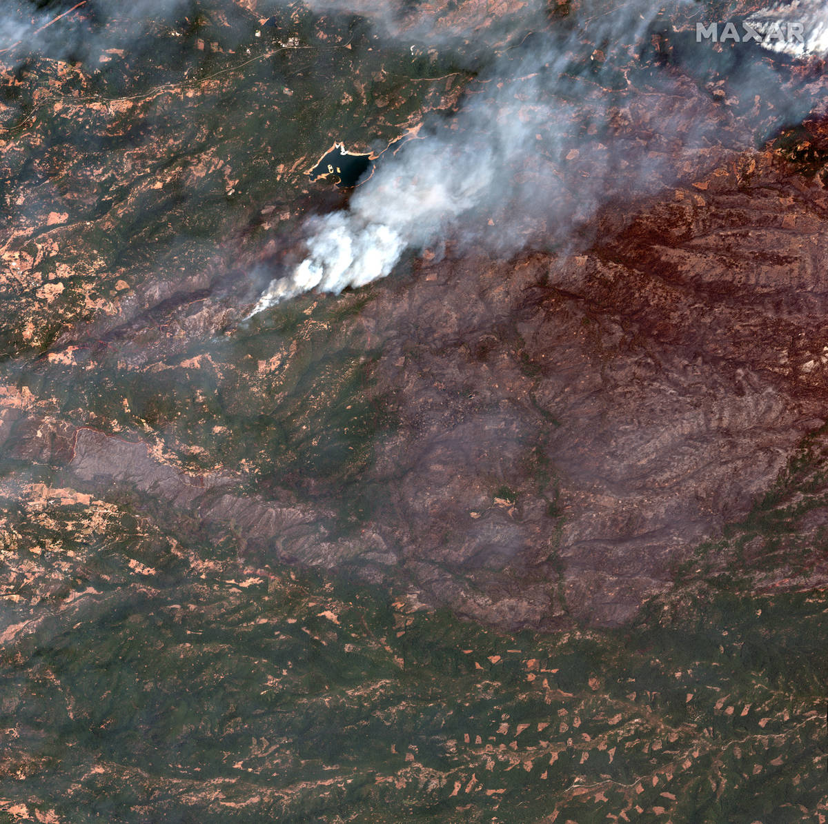 This Aug. 29, 2021, satellite image provided by Maxar Technologies shows an overview of the Cal ...