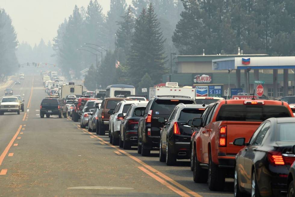 Evacuation traffic backs up in South Lake Tahoe, Ca. as mandatory evacuations are announced due ...