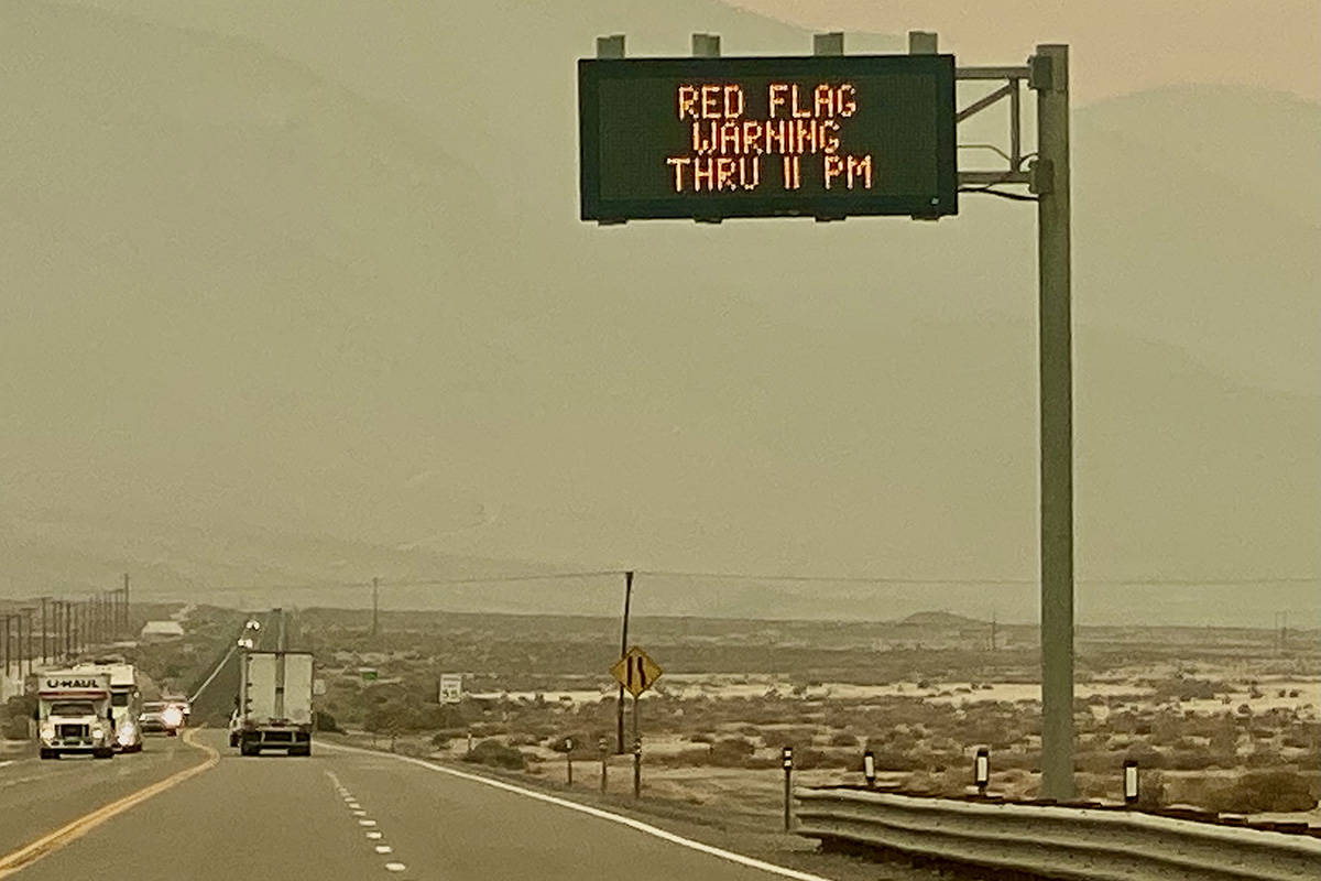 A Red Flag warning sign is seen Tuesday, Aug. 31, 2021, near Hawthorne. (L.E. Baskow/Las Vegas ...