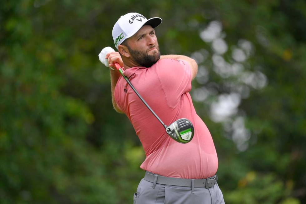 Jon Rahm, of Spain, tees off from the fifth hole during the final round of the BMW Championship ...