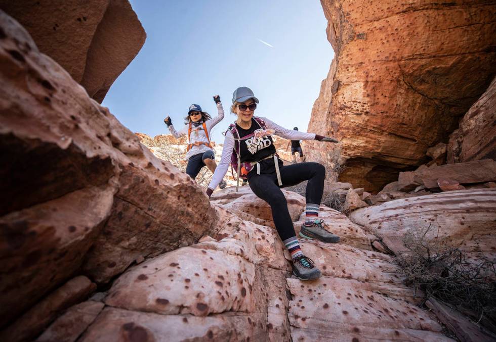 Julie Johnson descends Kraft Mountain at Red Rock Canyon on Wednesday, March 31, 2021, in Las V ...