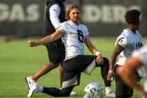 Raiders punter A.J. Cole (6) stretches during an NFL football practice on Wednesday, June 16, 2 ...