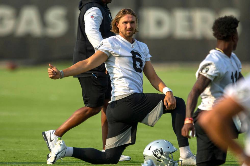 Raiders punter A.J. Cole (6) stretches during an NFL football practice on Wednesday, June 16, 2 ...