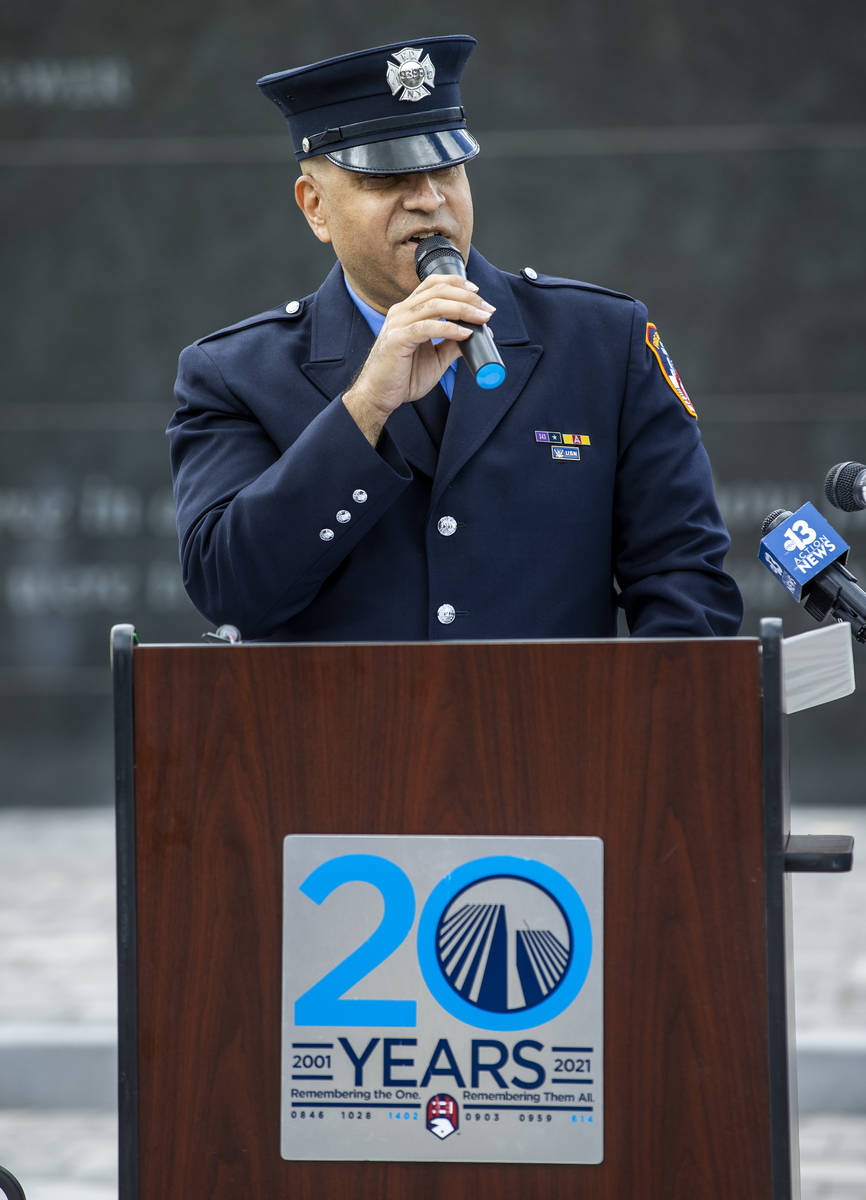 Retired New York firefighter Frank Pizarro speaks at the Nevada State Veterans Memorial on Tues ...