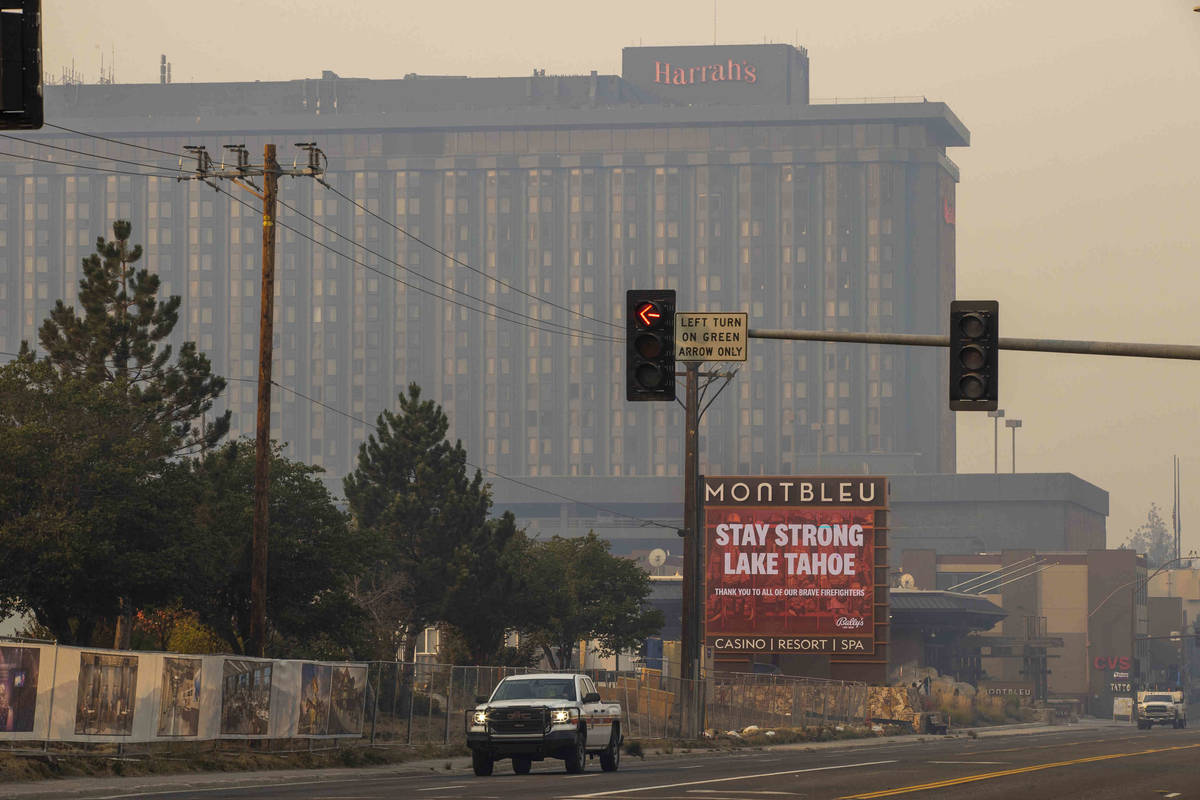 Smoke fills the sky above the MontBleu and Harrah's from the Caldor Fire on Wednesday, Sept. 1, ...