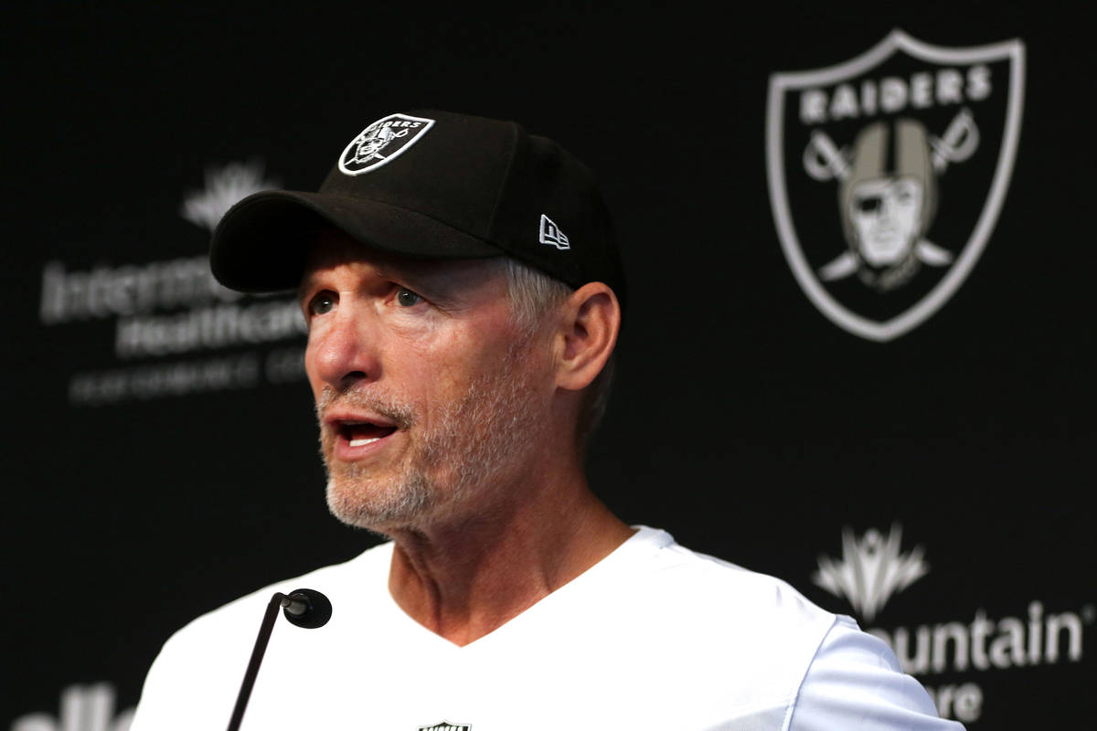 Raiders general manager Mike Mayock answers questions from the media at the Raiders Headquarter ...